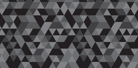 Abstract geometric black and gray background seamless mosaic and low polygon triangle texture wallpaper. Triangle shape retro wall grid pattern geometric ornament tile vector square element.