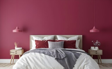Empty painted viva magenta wall. White and crimson red burgundy color bedding furniture and blank background.Bedroom interior trend 2024 year Modern luxury apricot room interior home designs.