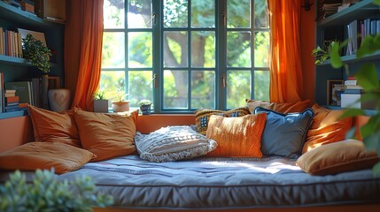 Cozy reading nook by a bay window, plush cushions, soft natural light, closeup view