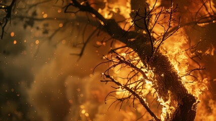 Close-up of a tree engulfed in flames during a wildfire, illustrating the destructive power of nature's fury.