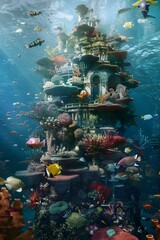 Whimsical Underwater Coral City Inhabited by Friendly Sea Creatures