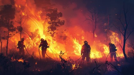Fototapeta premium Dramatic scene of firefighters battling flames at night, illuminated by the glow of the raging wildfire.