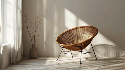 modern basket chair with a sleek and minimalist design, featuring a metal frame and woven seat, offering a chic 