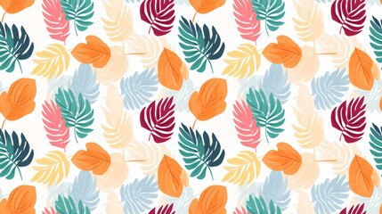 A seamless pattern with colorful tropical leaves on a white background.