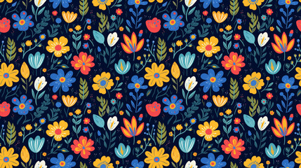 Colorful floral pattern with blue, yellow, and red flowers on a dark blue background.