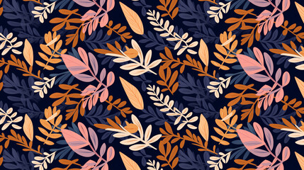 A seamless pattern with colorful leaves and branches on a dark blue background.