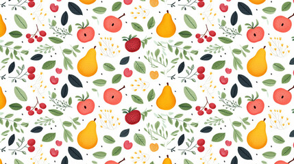 A seamless pattern with cute fruits and berries. Yellow pears, red apples, strawberries, green leaves and twigs with berries on a white background.