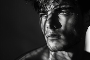 Create a dramatic portrait of a male model, emphasizing the contrast between light and shadow to create a bold and striking image.