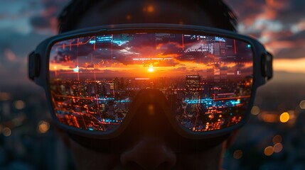 AR glasses overlaying information, urban sunset, first-person view, augmented reality 