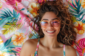 
Create a fashion portrait of a happy Hispanic woman wearing sunglasses, showcasing her style and personality, using a vibrant and colorful background to enhance the mood of the image.