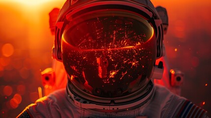 Astronaut helmet reflection of Mars, dusky red light, close-up, new frontier