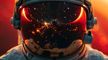 Astronaut helmet reflection of Mars, dusky red light, close-up, new frontier 