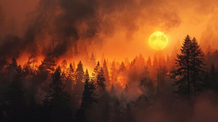 Fototapeta premium Thick smoke billowing from a burning forest, obscuring the sun and casting an eerie orange glow over the landscape.