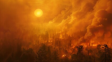 Naklejka premium Thick smoke billowing from a burning forest, obscuring the sun and casting an eerie orange glow over the landscape.