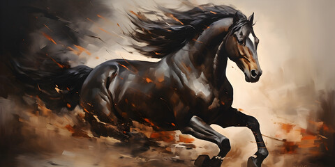 A painting of a horse with a long mane running in the wind, Painting of a black horse running in the desert with a cloudy sky generative ai
