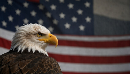 An American bald eagle is perched on a tree branch looking to the right. The background is out of focus and looks like a forest with a mountain in the distance.

