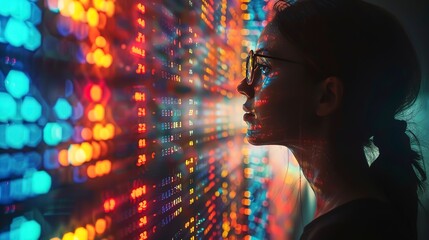 DNA sequencing data on screen, vibrant color codes, eye-level, genetic discovery 