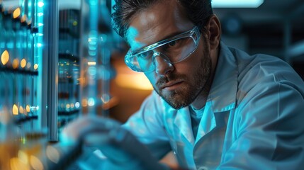 Scientist adjusting quantum processor, dim lab light, over-the-shoulder, precision work