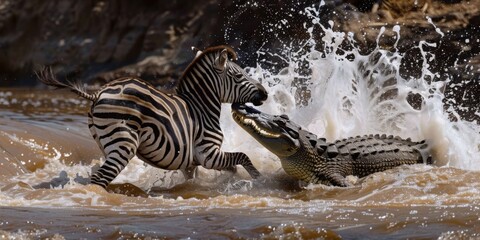 Epic fight between a zebra and a crocodile in the river. Crocodile hunts a zebra.