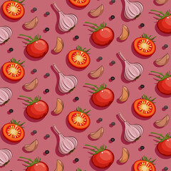 Background with tomatoes and garlic.Vector seamless pattern with tomatoes and garlic on a colored background.