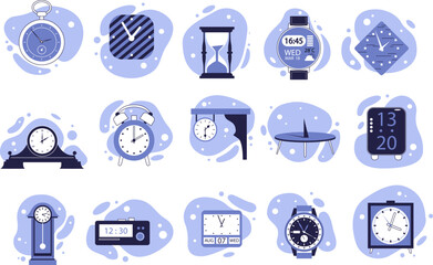 Set of different clocks, table, wall, wrist, antique and modern.