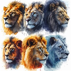 lion heads, each uniquely depicted with abstract and fragmented features, showcasing the lions in different angles and expressions. The lions' heads should be the main focus, with intricate black ink 