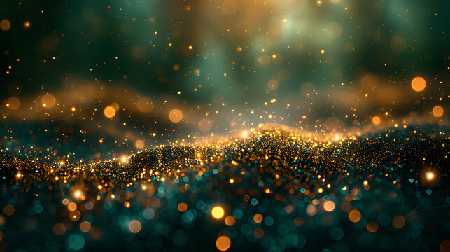 Abstract blur bokeh banner background. Gold bokeh on defocused emerald green background