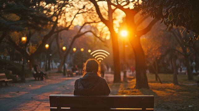 Public Wi-Fi hotspot in park, warm evening light, eye-level, connected community 