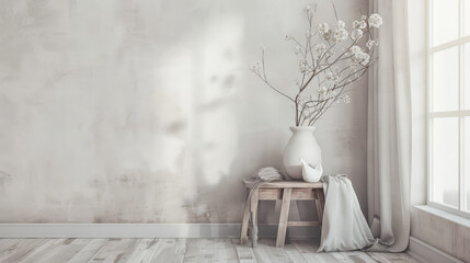 Interior design composition in neutral tones with minimalistic decor and copyspace