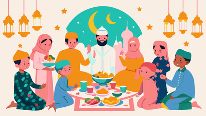 Happy Muslim Family Celebrating Ramadan Together with Traditional Feast