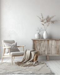 Interior design composition in neutral tones with minimalistic decor and copyspace