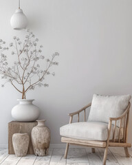 Interior design composition in neutral tones with minimalistic decor and copyspace