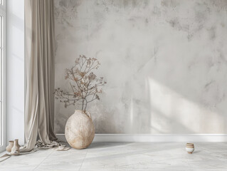 Interior design composition in neutral tones with minimalistic decor and copyspace