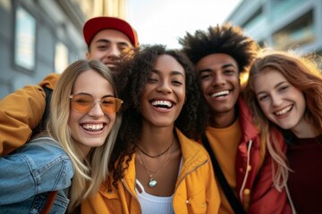 Cheerful friends. Group of cheerful young people looking at camera and smiling while standing outdoors