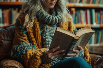 A close-up of a unrecognizable woman holding a book and leaning back in a cozy chair in a bookstore. Capture the scene from a low angle to accentuate the comfort and coziness.