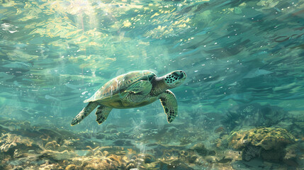 A solitary sea turtle gliding gracefully through the crystal-clear waters of a remote coral reef, its sleek shell glistening in the sunlight as it navigates the vast ocean with quiet determination.