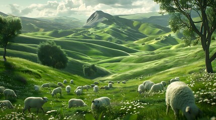 A flock of lambs grazing peacefully in a lush green meadow, framed by rolling hills