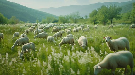 A flock of sheep peacefully grazing in a lush green pasture, unaware of their sacred destiny on...