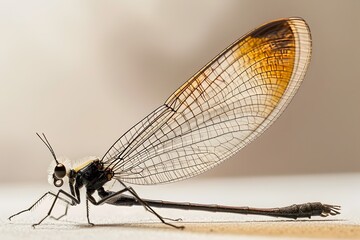 Ethereal Fairyfly:Capturing the Delicate Beauty of a Winged Insect against a Soft,Neutral Background