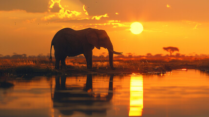 A lone elephant standing at the edge of a watering hole in the African savanna, its massive silhouette outlined against the golden glow of the setting sun, - Powered by Adobe