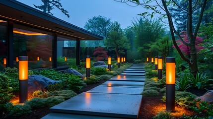 Tranquil Evening Stroll: Illuminated Garden Path
