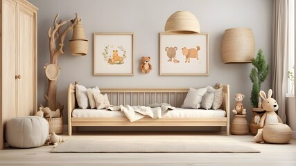 A fashionable sofa, pillows, coffee table, mock-up poster frames, decorations, furniture, and personal items adorn this sunny and colorful living room. cozy interior design. 