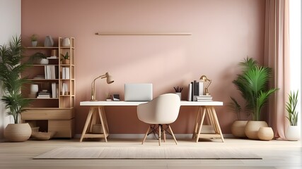 A4 White Mockup with Frame Shines in the New Office a white desk and chair set in a simple home office with a huge window letting in natural light .modern study space with a laptop, plants, a table, 