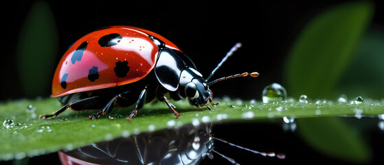 Photo of a ladybug on a leaf. Macro photo of an insect.