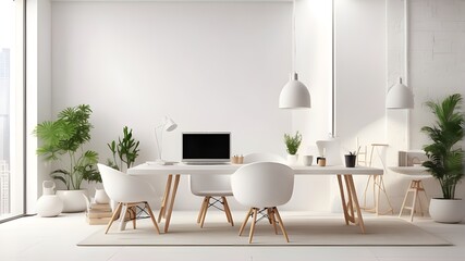 A4 White Mockup with Frame Shines in the New Office a white desk and chair set in a simple home office with a huge window letting in natural light .modern study space with a laptop, plants, a table, 