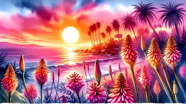 Watercolor painting of a Torch lily flowers on a Beach at Sunset