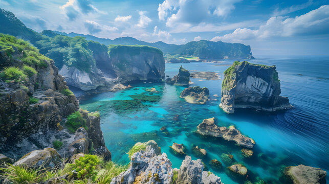 rocky cliffs and islands overlooking the crystal clear blue sea