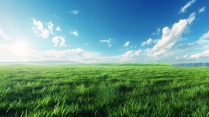 A field of grass with a blue sky in the background