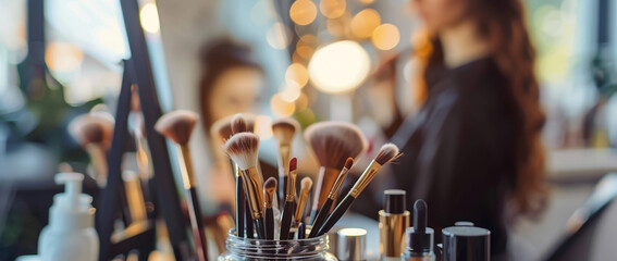 A blurred background of woman doing her makeup in front of the mirror, with various makeup products and brushes on top of it.