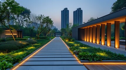 Tranquil Evening Stroll: Illuminated Garden Path